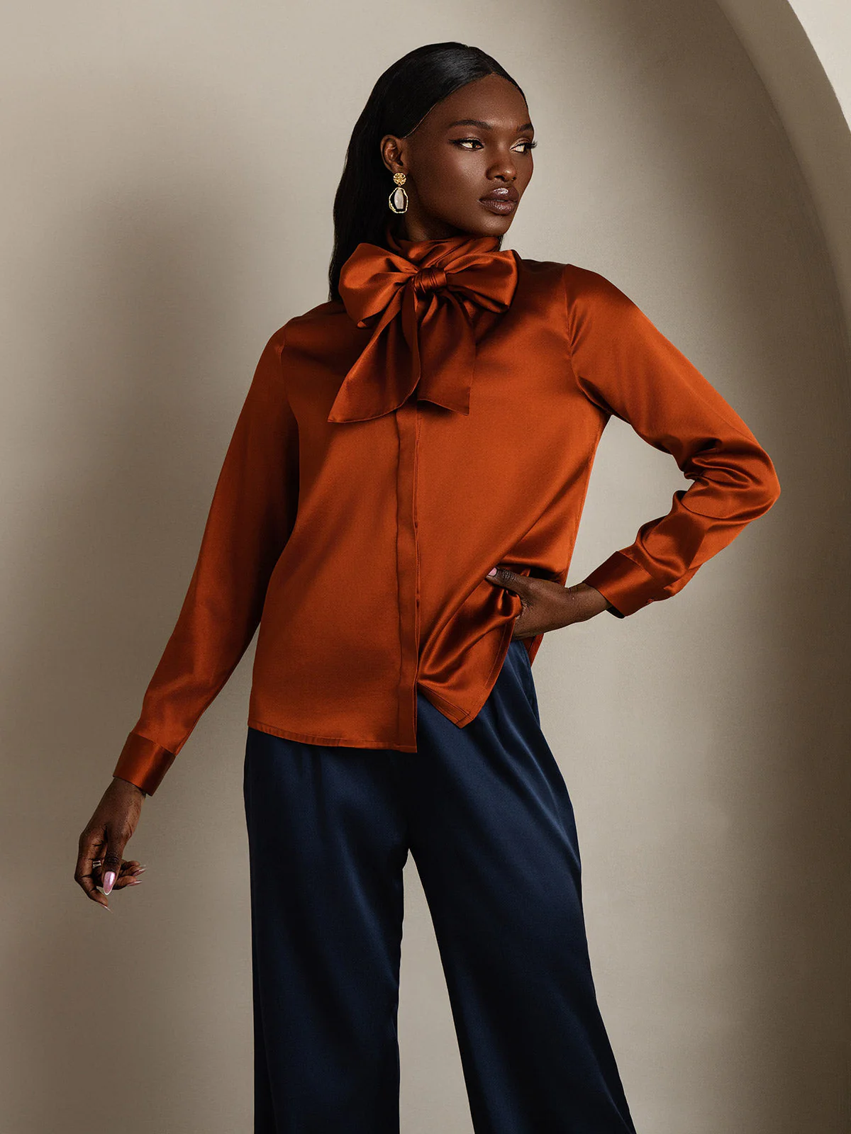 19Momme Silk Long Sleeve High Neck Bow Tie Blouse - Image 27
