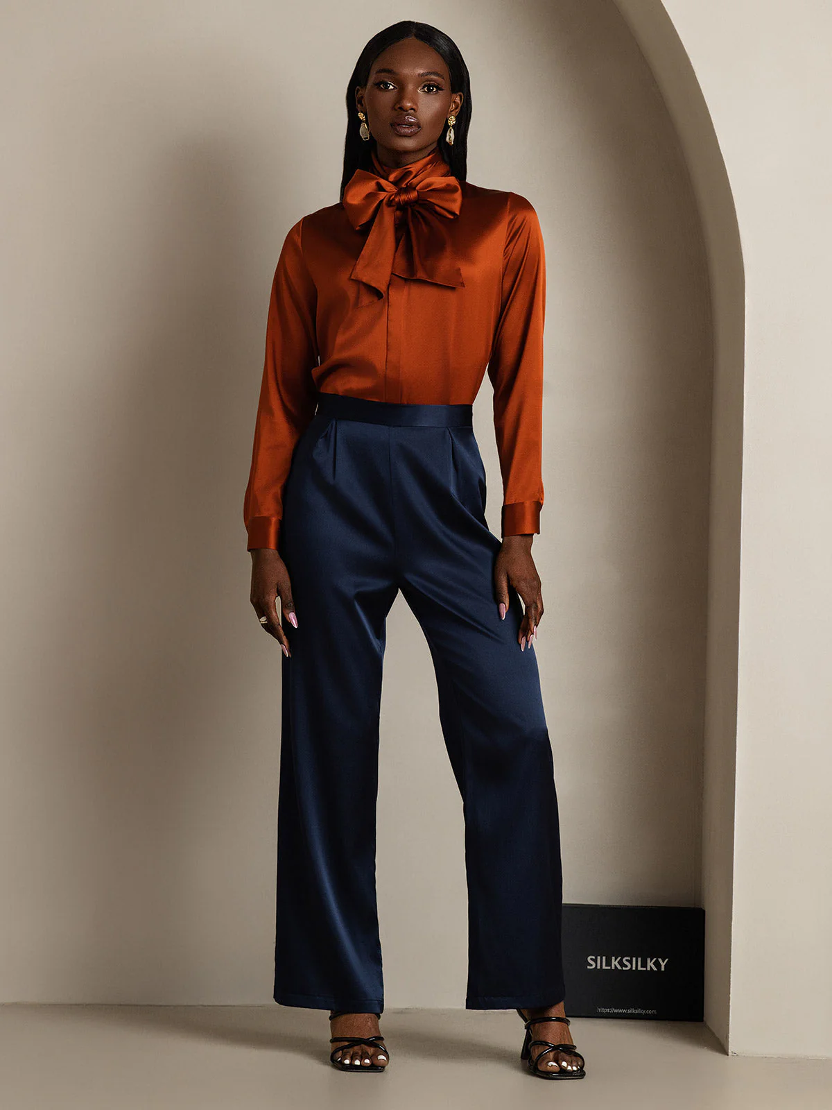 19Momme Silk Long Sleeve High Neck Bow Tie Blouse - Image 28