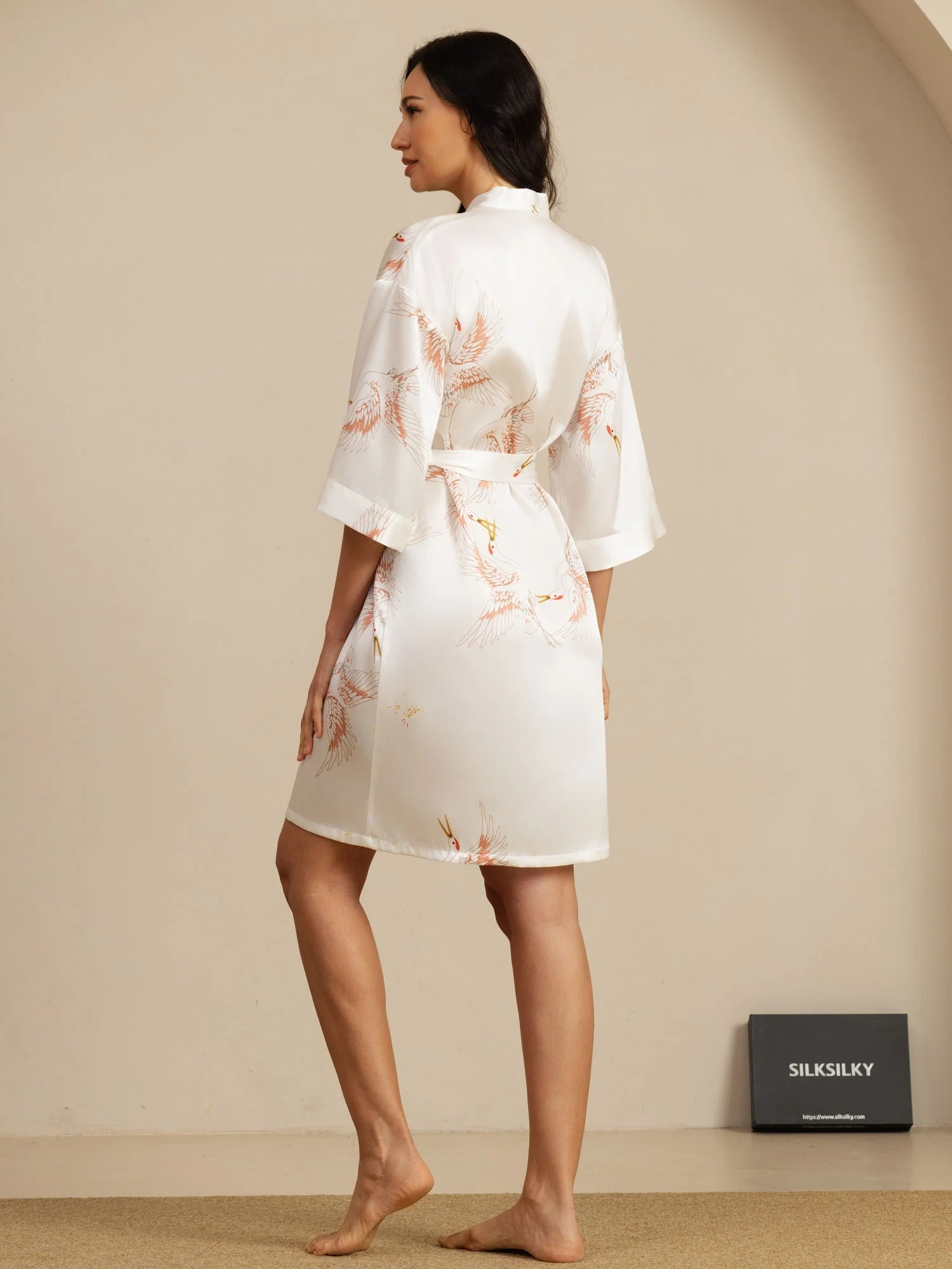 19Momme Pure Silk Crane Print Belted Wrap Women's Kimono Robe - Image 16