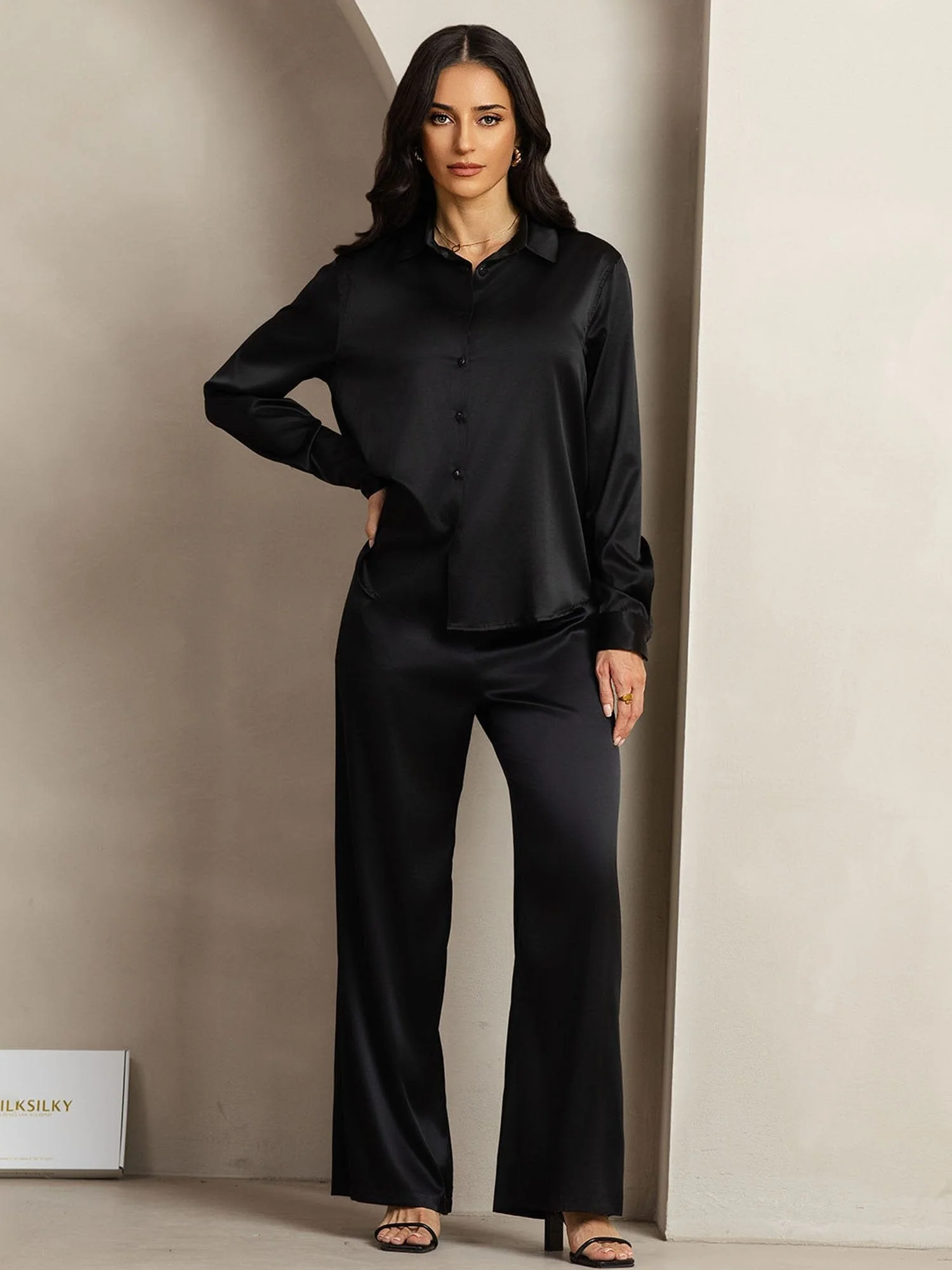19Momme Silk Button-Up Shirt & Wide-Leg Pants Set - Image 4