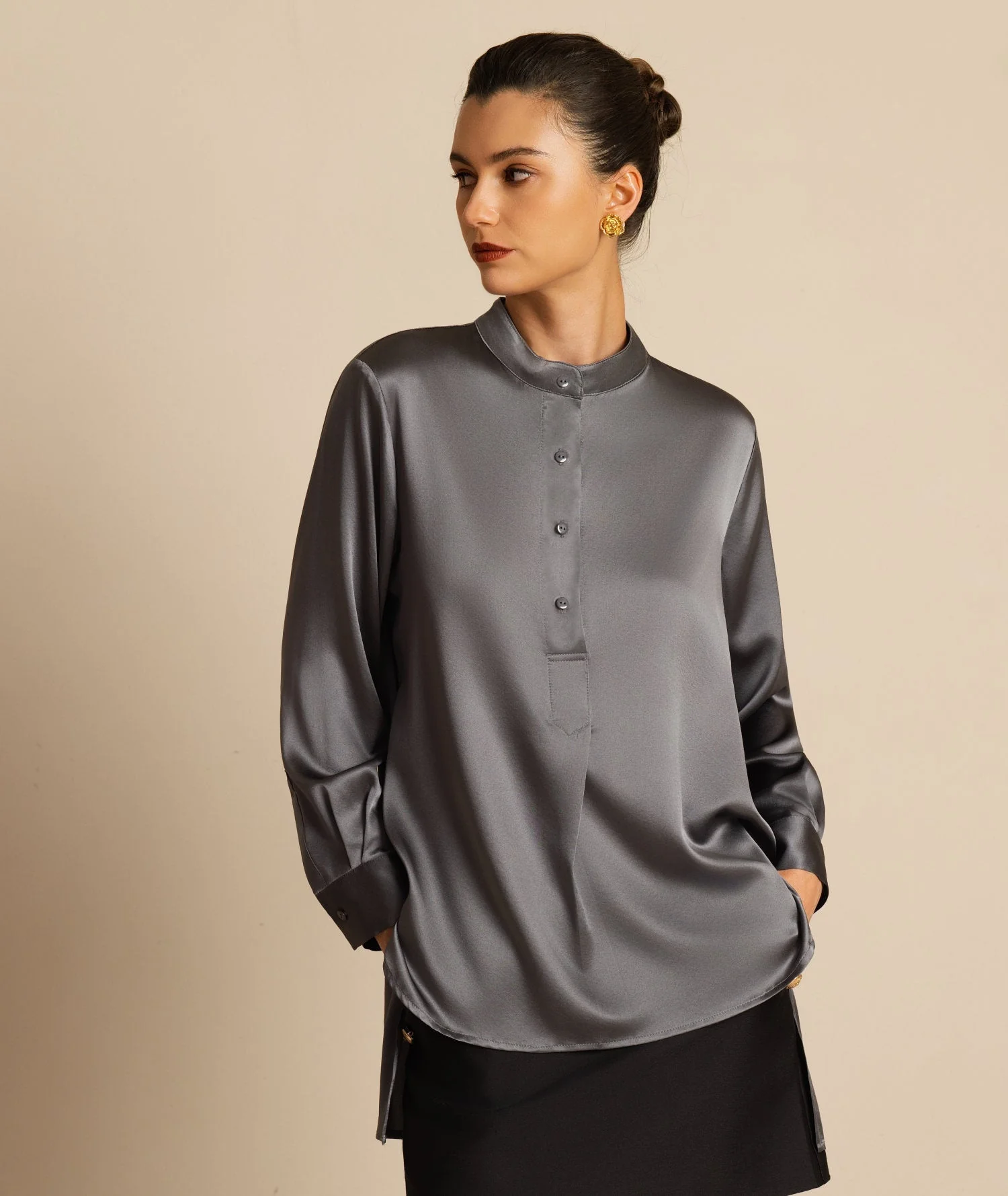 19Momme Silk Women’s  Stand Collar High-Low Blouse With Button Detail - Image 25