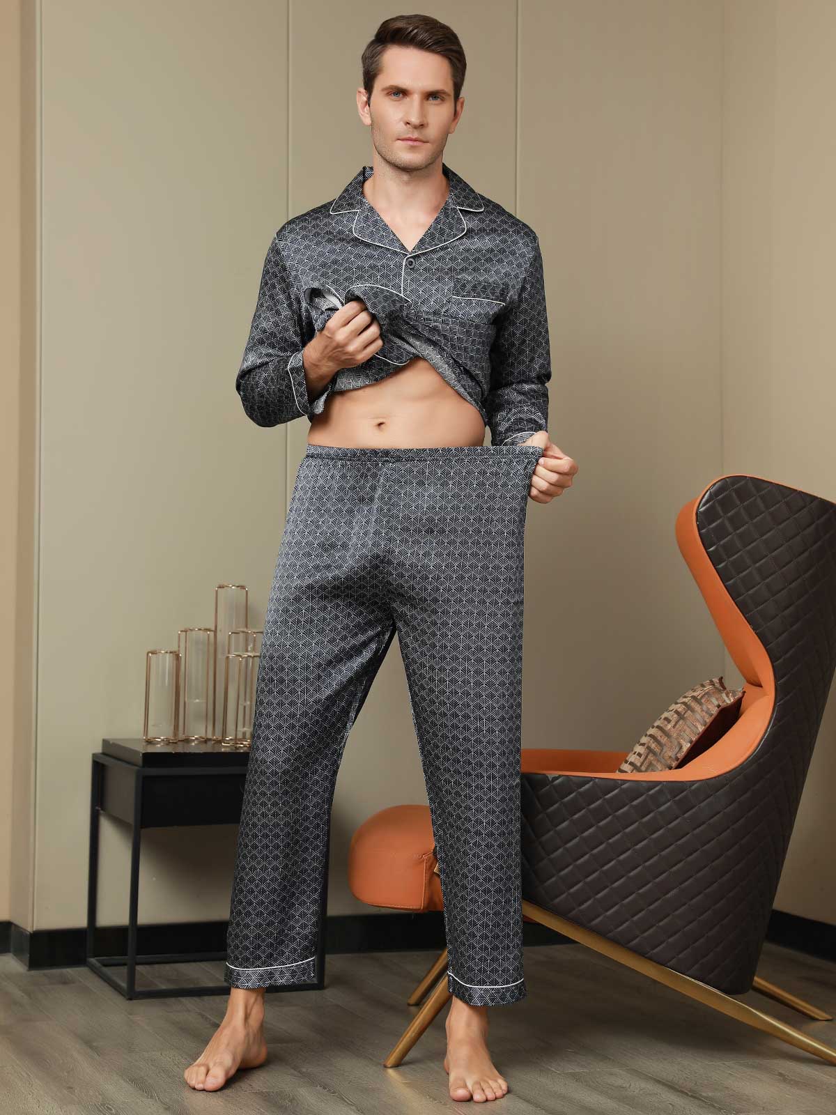 Pure Silk Navy Ginkgo Print Long Sleeve Men's Pyjamas Set With Pants - Image 16