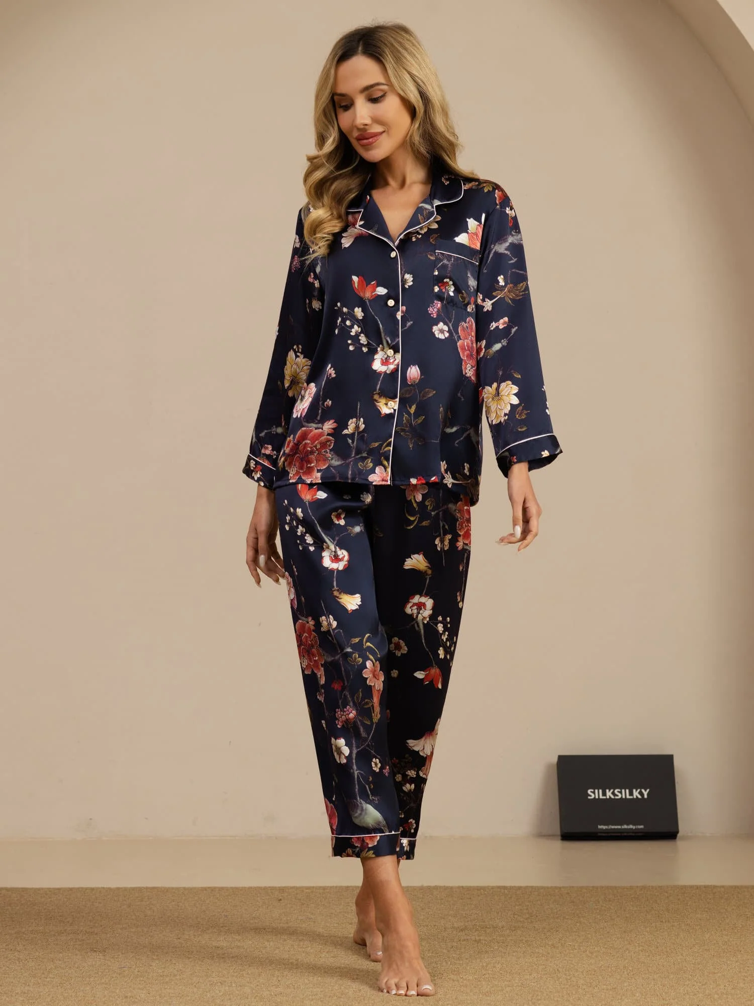 Women's Pure Silk Navy Floral Print Long Sleeve Notch Collar Button Up Pajamas Set - Image 4
