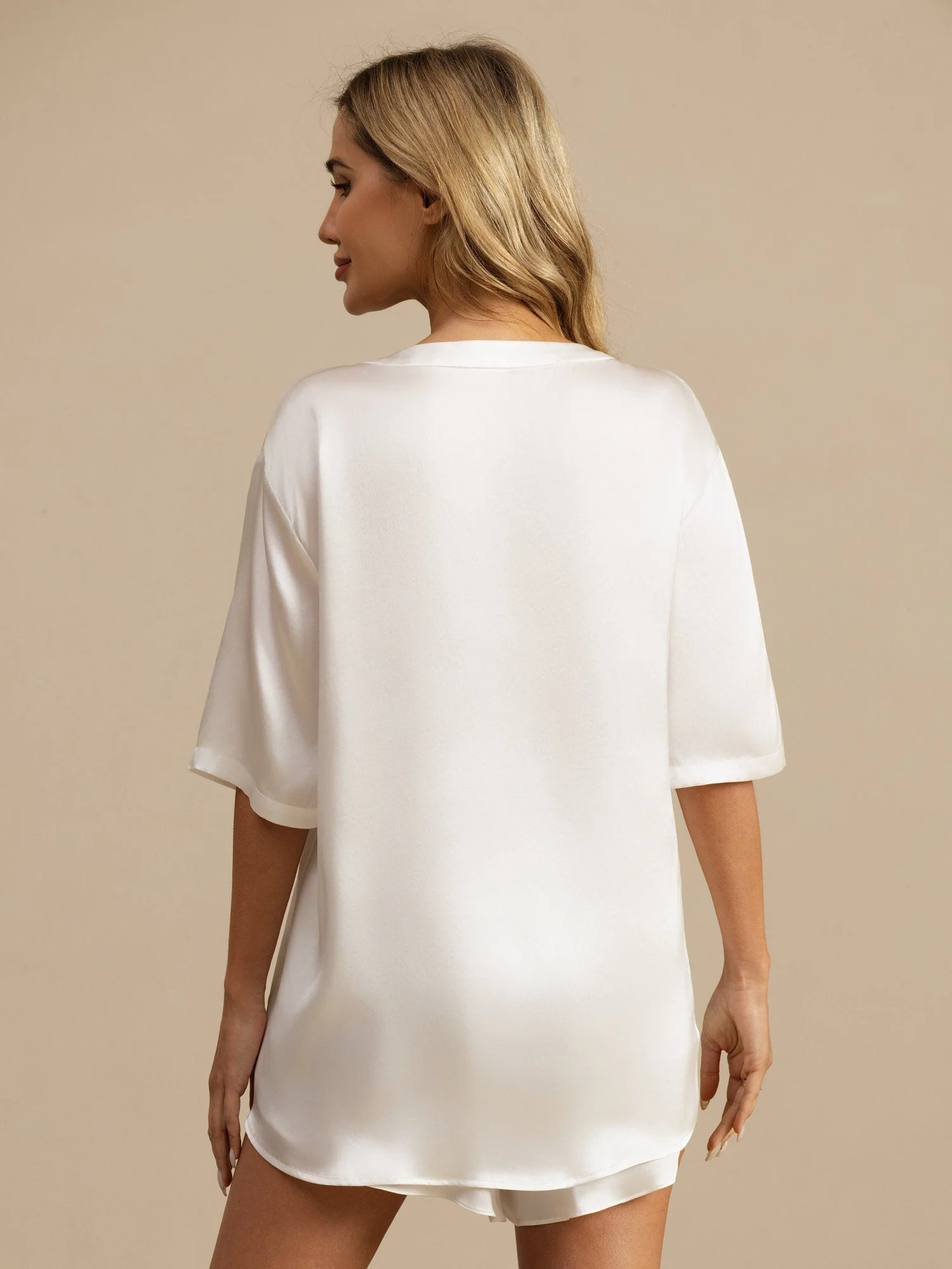 Pure Silk Short Sleeve Round Neck Womens Sleep Tee (Shorts Not Included) - Image 7