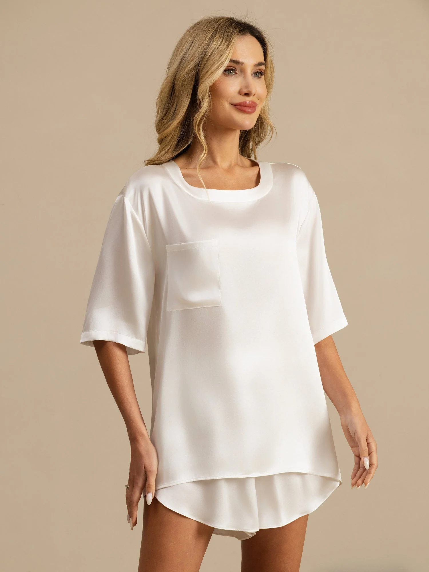 Pure Silk Short Sleeve Round Neck Womens Sleep Tee (Shorts Not Included) - Image 9