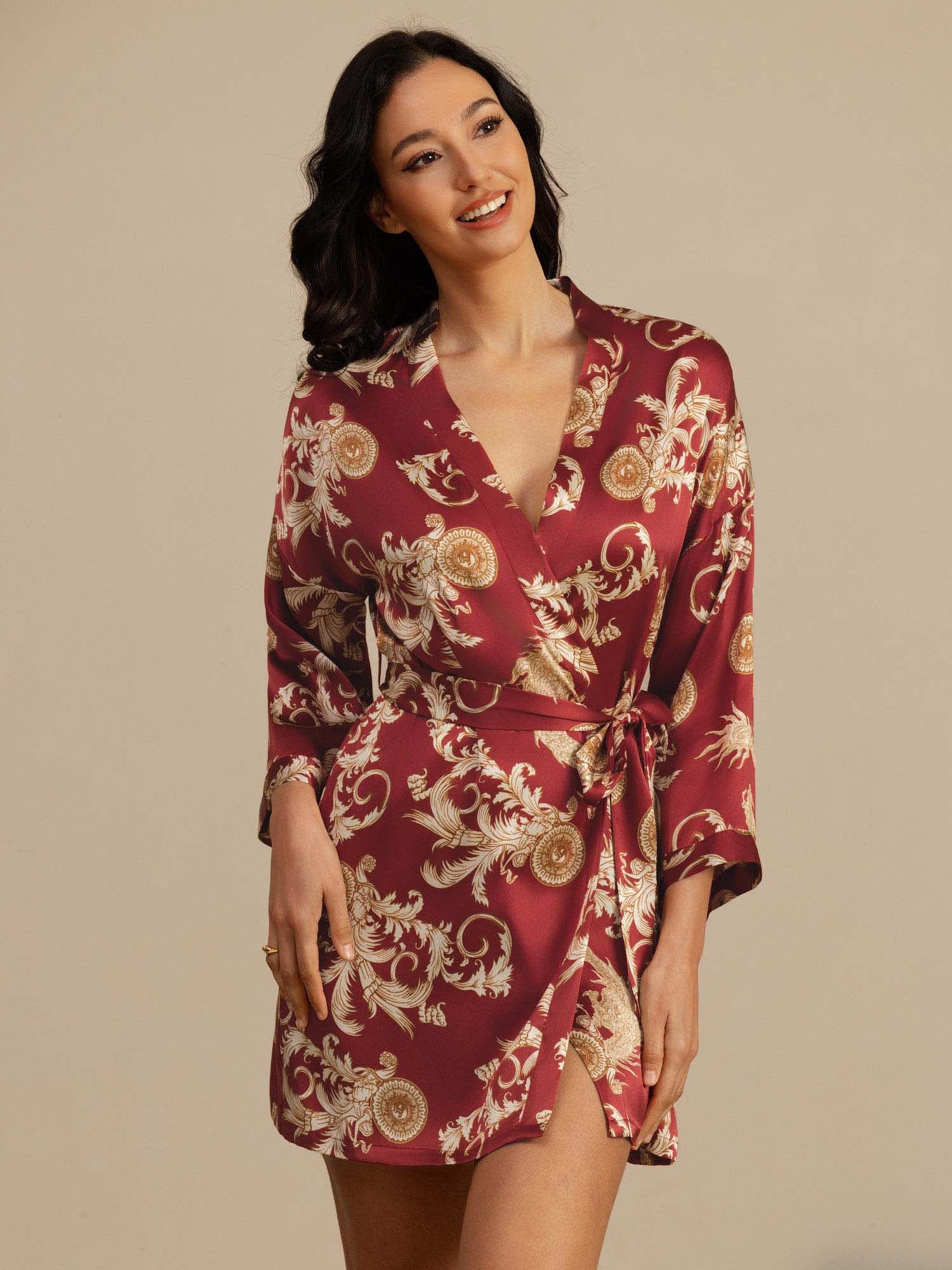 Pure Silk Dragon Print 3/4 Sleeve Women's Kimono Dressing Gown With Belt - Image 17