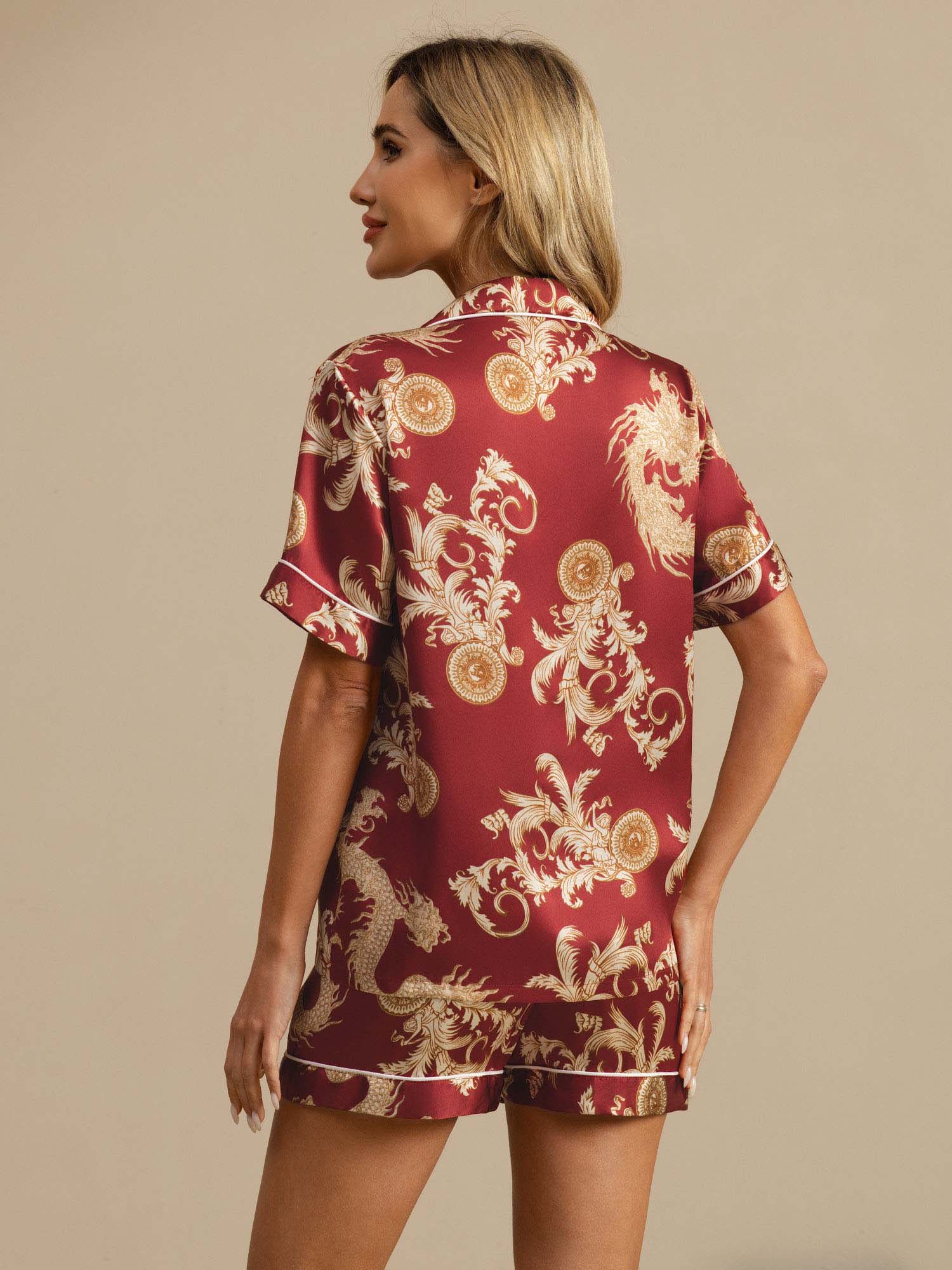 Women's Pure Silk Dragon Print Short Sleeve Notch Collar Pyjamas Set With Shorts - Image 15