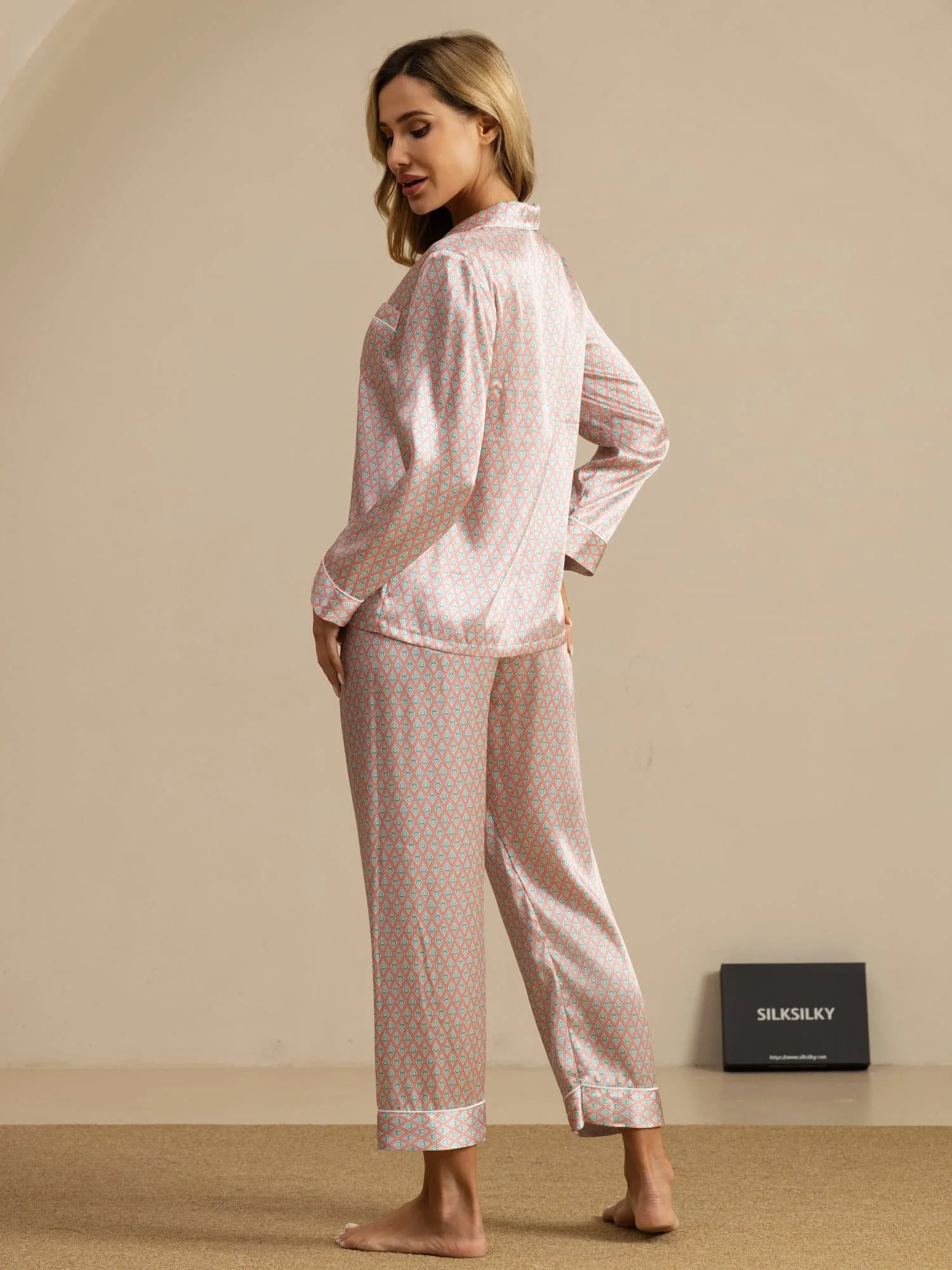 Women's Pure Silk Geometric Print Long Sleeve Pyjamas Set With Pants - Image 7