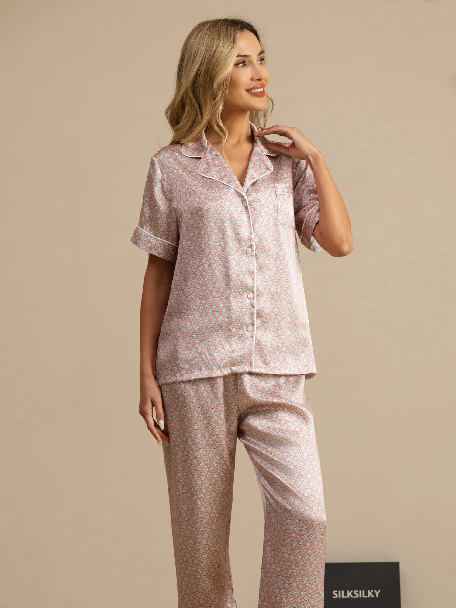 Pure Silk Geometric Print Short Sleeve Notch Collar Women's Pyjamas Set With Pants - Image 8
