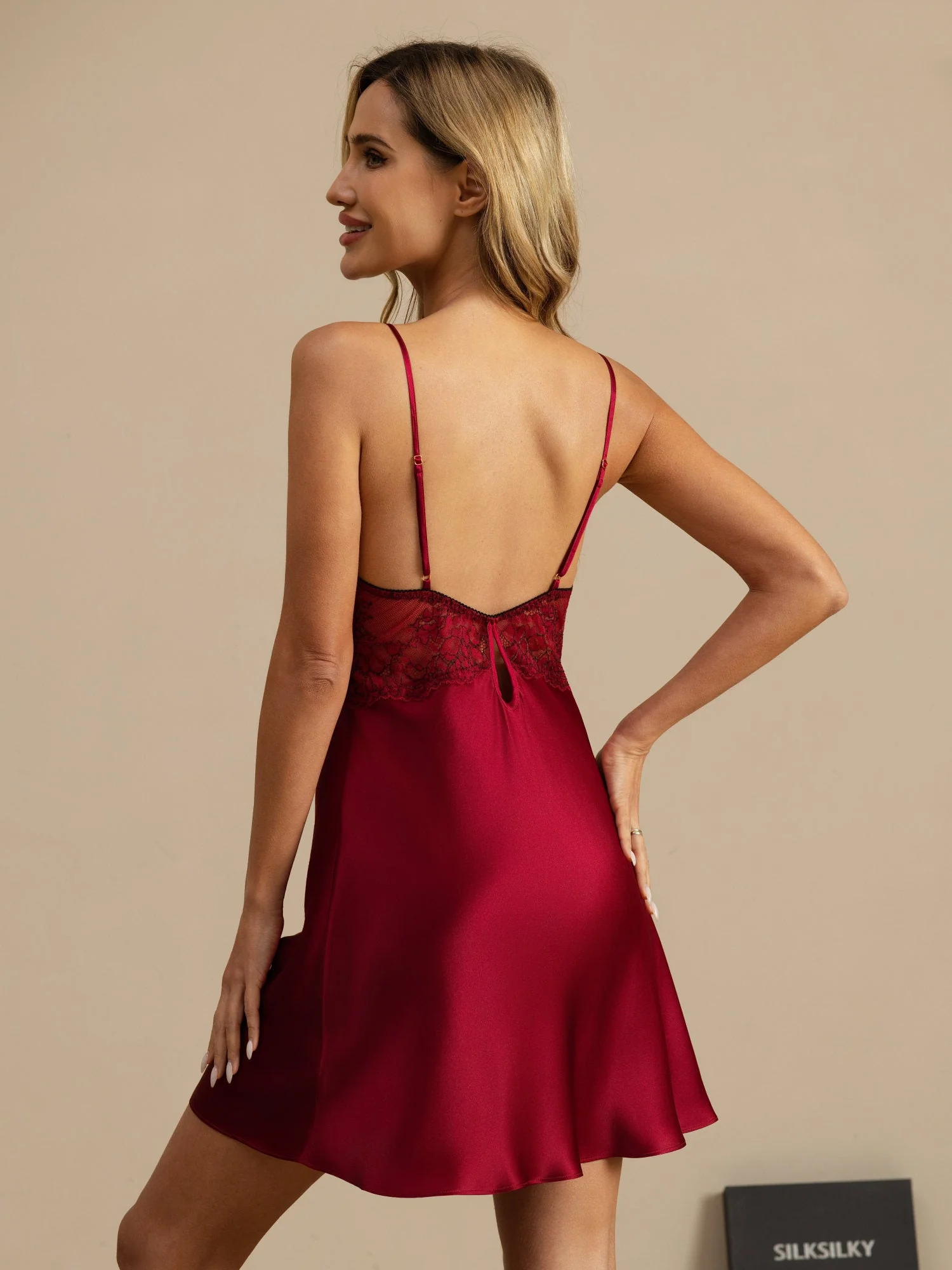 Pure Silk Spaghetti Strap V-neck Mini Nightgown with Lace Backless Design - Image 9
