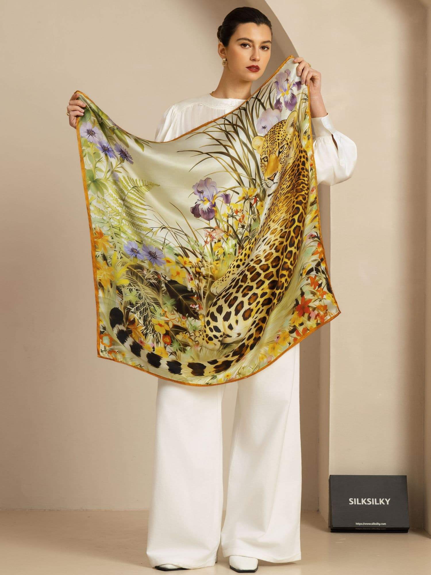 Pure Silk Leopard & Floral Scarf - Size 90x90cm - Image 2