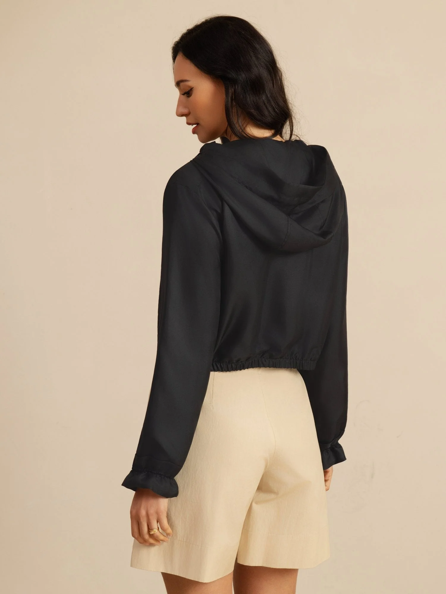 Pure Silk Women's Cropped Hooded Jacket With Pockets - Image 10