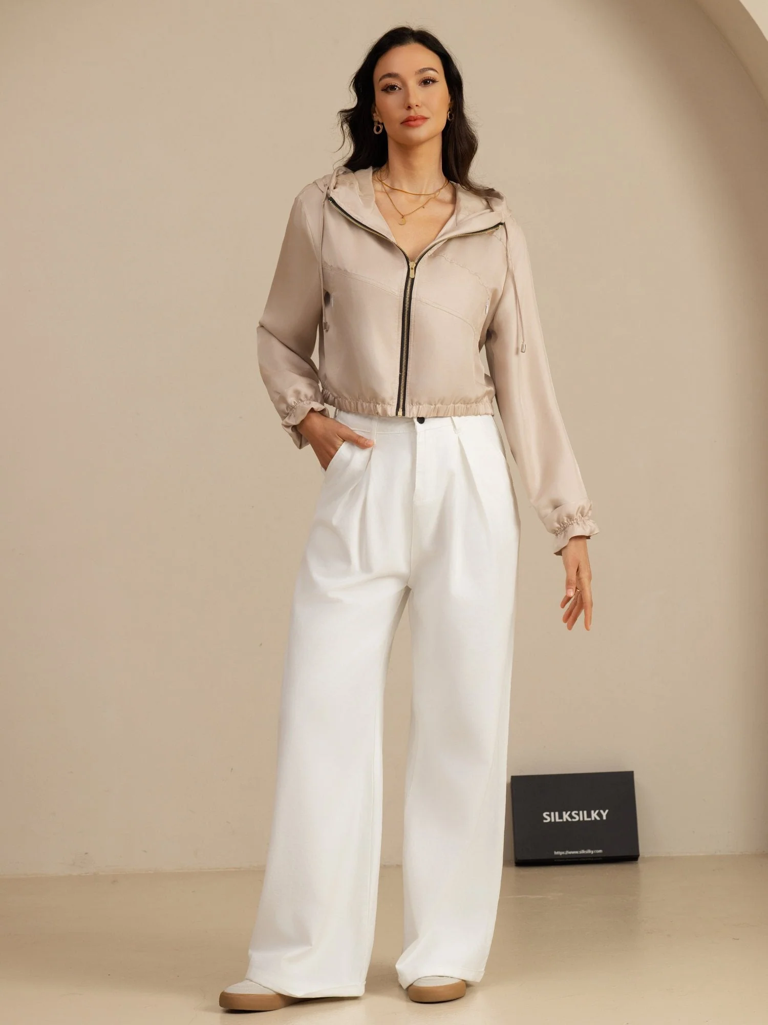 Pure Silk Women's Cropped Hooded Jacket With Pockets - Image 24