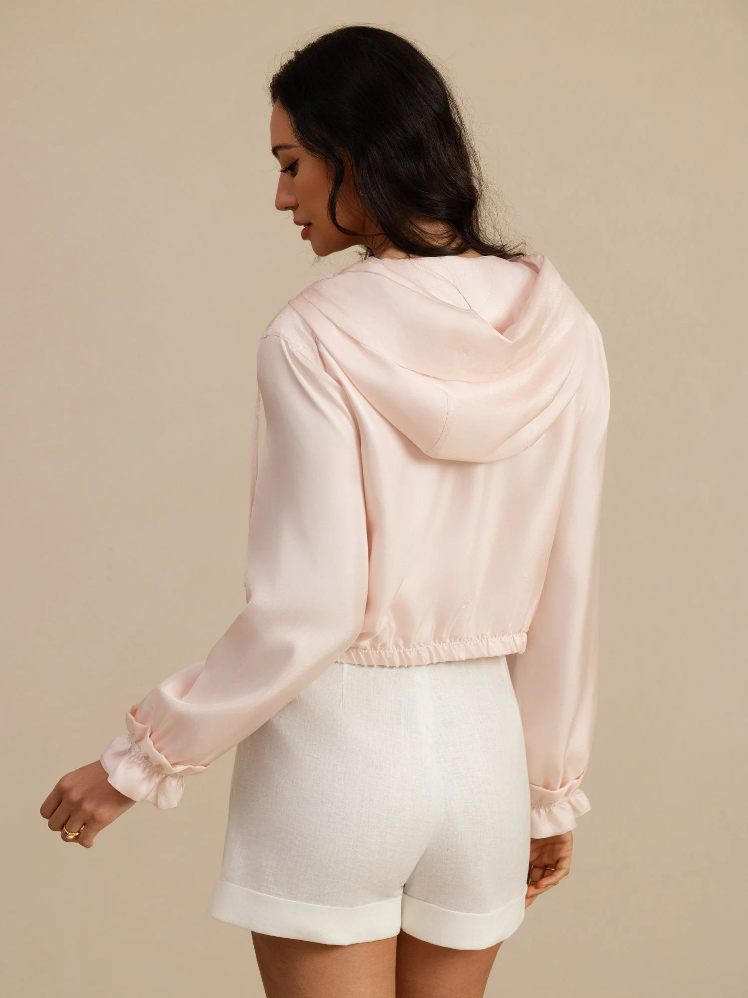 Pure Silk Women's Cropped Hooded Jacket With Pockets - Image 26