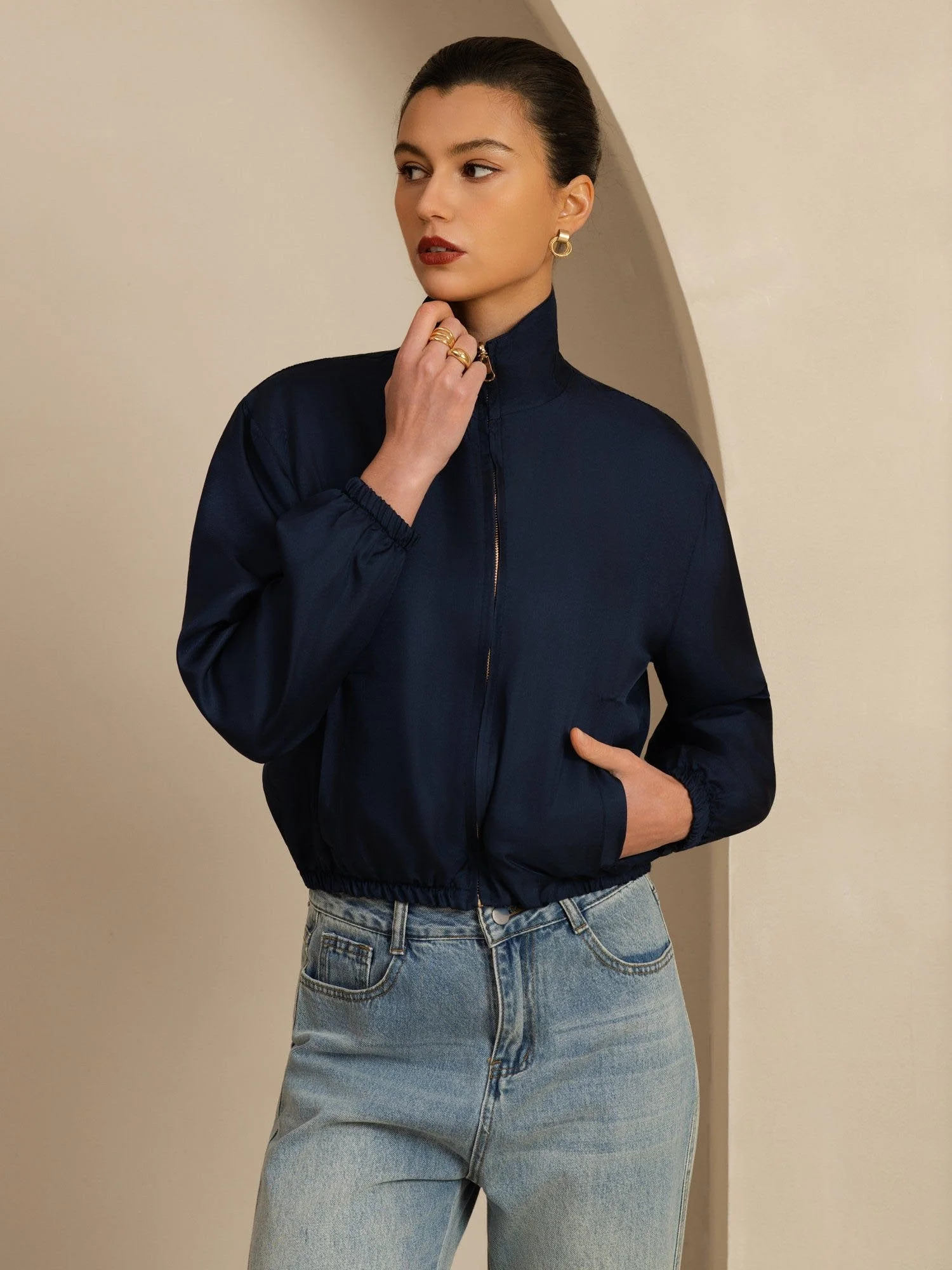 Pure Silk Women's Short Stand Collar Reversible Jacket With Pockets - Image 11