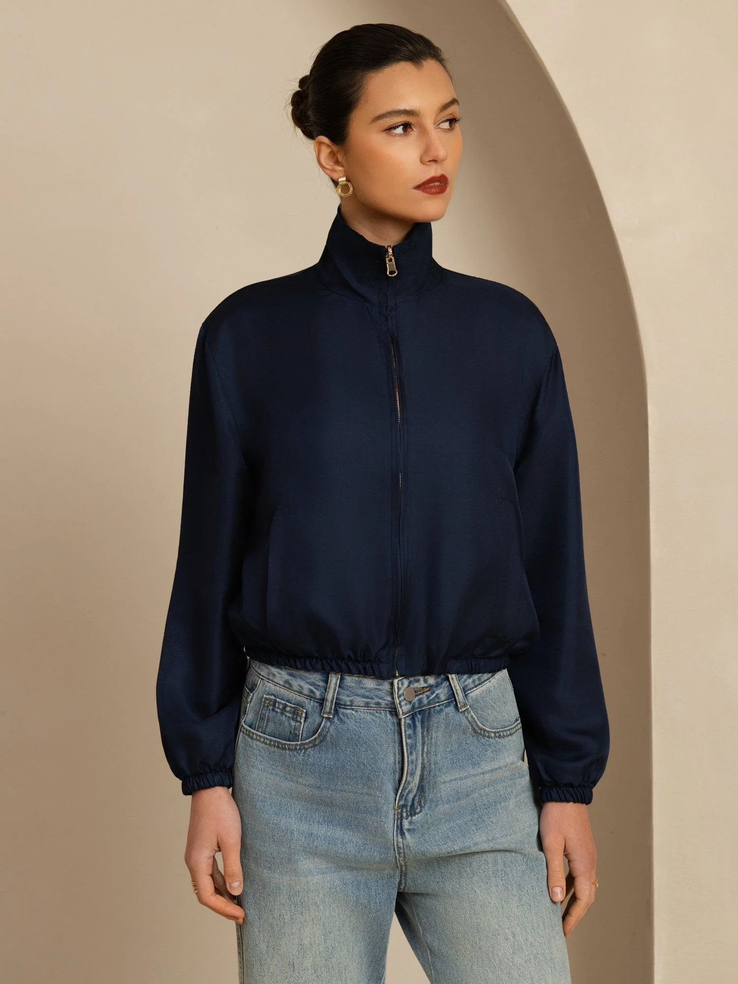 Pure Silk Women's Short Stand Collar Reversible Jacket With Pockets - Image 12