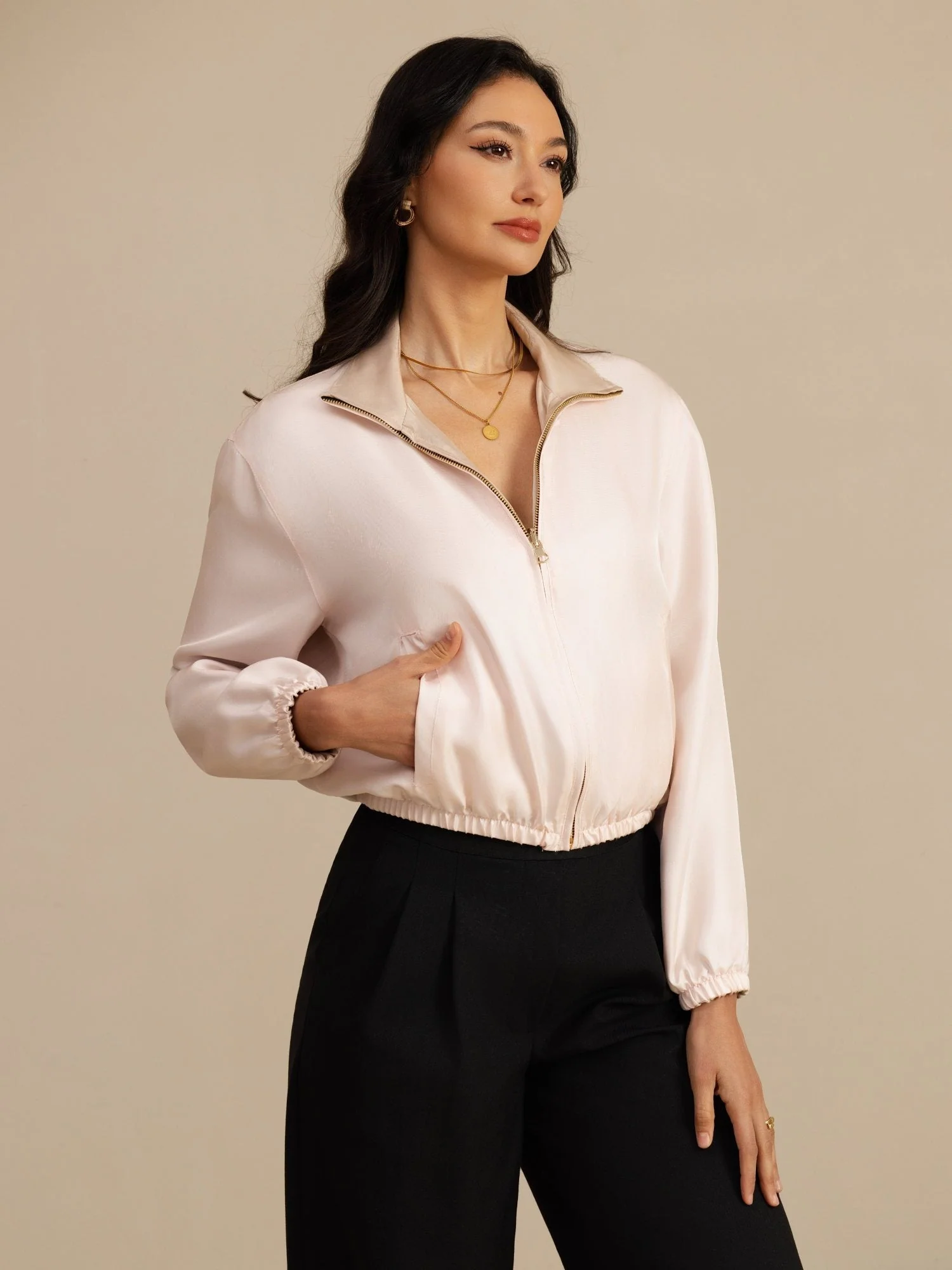 Pure Silk Women's Short Stand Collar Reversible Jacket With Pockets - Image 5