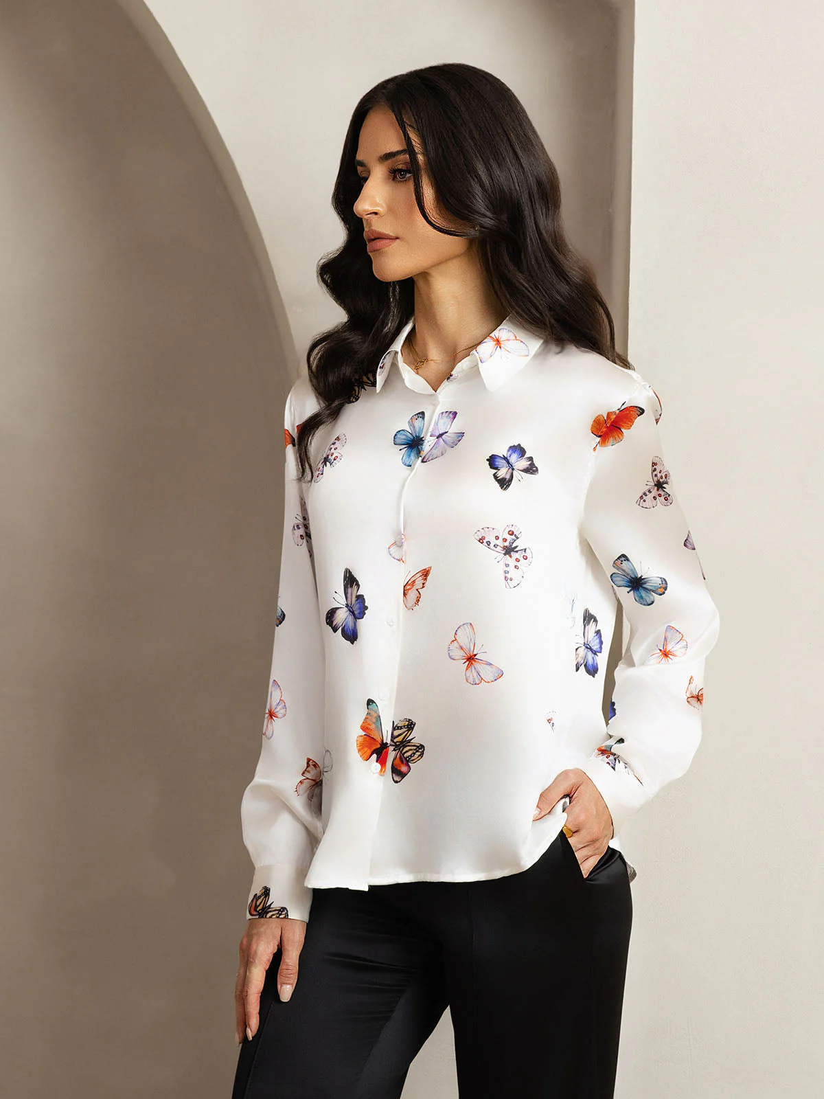 19Momme Silk Butterfly Print Long Sleeve Lapel Collar Women's Shirt - Image 6