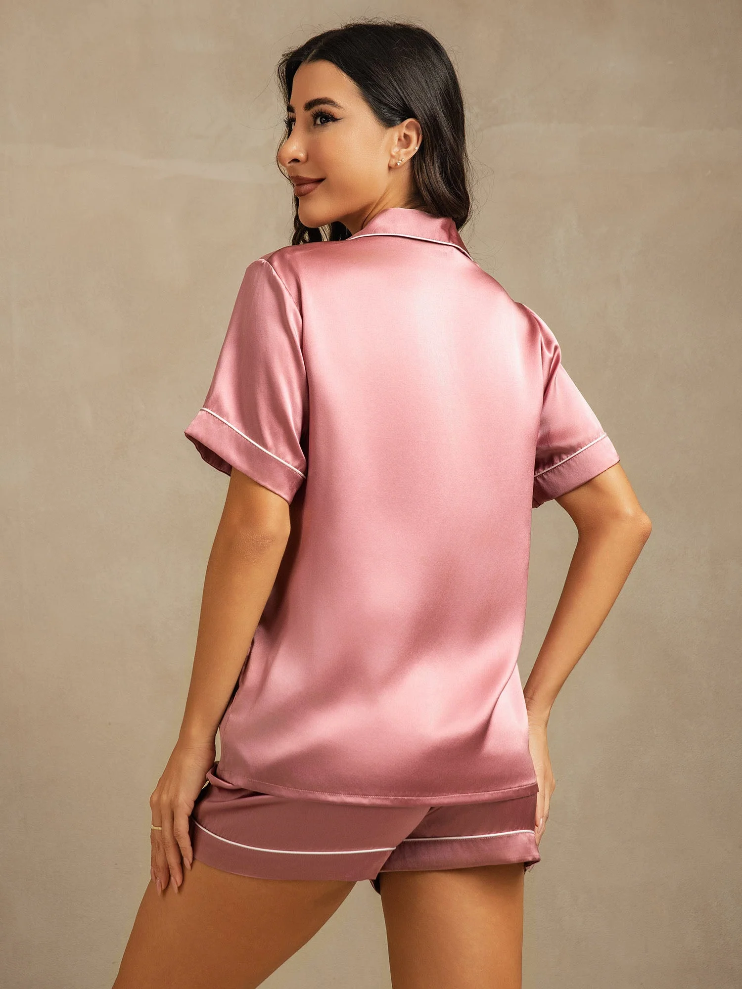 Pure Silk Short Sleeve Notch Collar Above the Knee Women's Pyjamas Set - Image 7