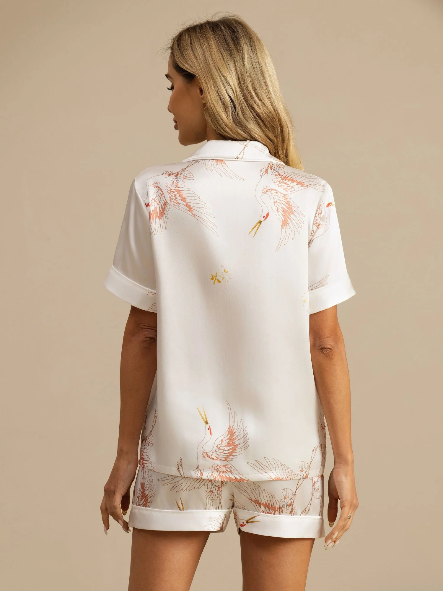 19Momme Women's Pure Silk Crane Print Short Sleeve Notch Collar Pyjamas Set - Image 9